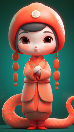Cute cartoon baby in a Chinese costume. 3d rendering.の素材