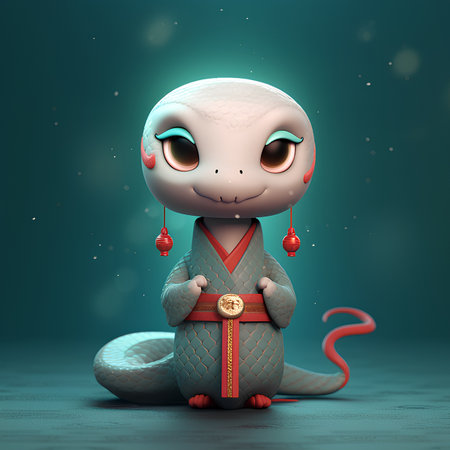 A cute cartoon snake in a kimono. 3D rendering.の素材