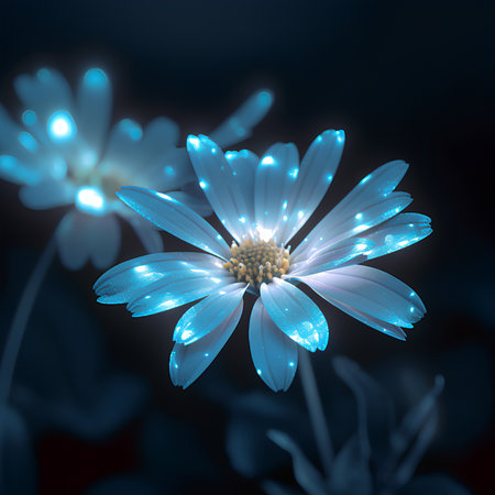 Blue daisy flower with glowing lights on dark background. 3D renderingの素材