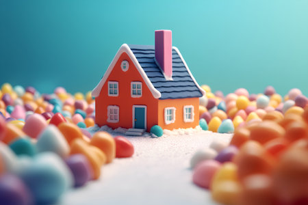 House in the snow with colorful Easter eggs. 3D illustration.の素材