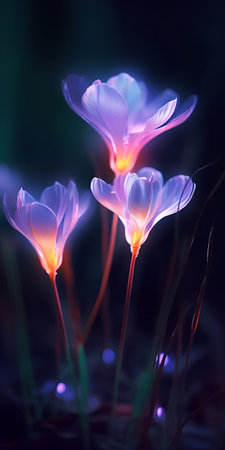Beautiful spring crocus flowers blooming in the forest at nightの素材