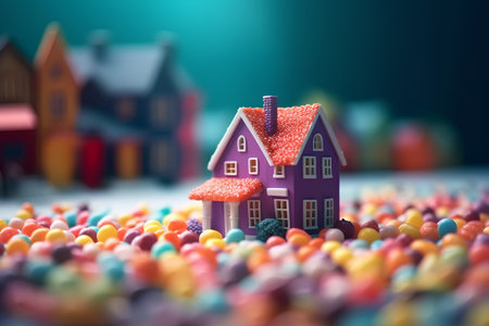 3d illustration of a small house and a lot of candiesの素材