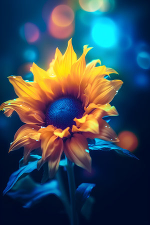 Beautiful sunflower on dark blue background with bokeh effectの素材
