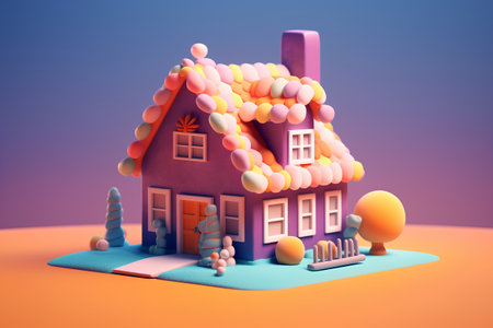 3D render of a small house with a pink roofrated with multi-colored candy.の素材