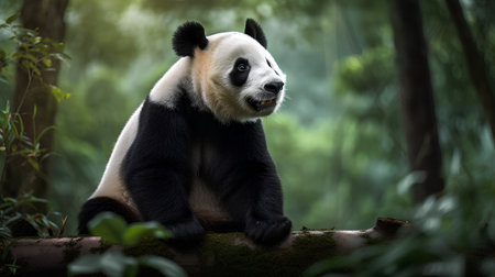 Panda bear sitting on the rock in the jungle. Animal portrait.の素材