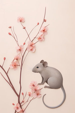 Creative flat lay top view of cute gray mouse with cherry blossom branch on pastel beige paper background copy space Template greeting card text design mockup minimalism styleの素材