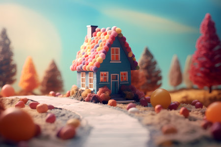Easter egg hunt with toy house in the forest. 3D illustration.の素材
