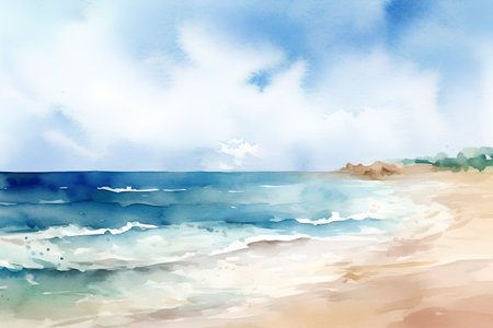Watercolor seascape. Hand drawn illustration for your design.の素材