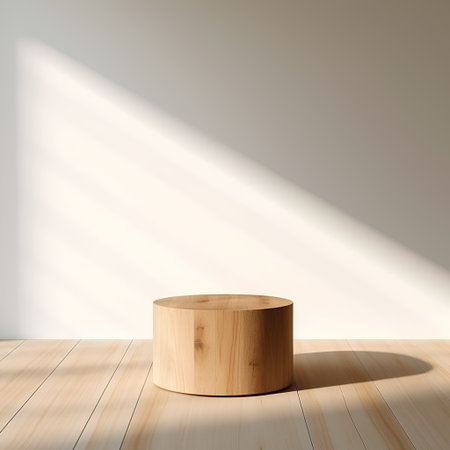 Wooden podium for product presentation in room with sunlight and shadows on the wallの素材