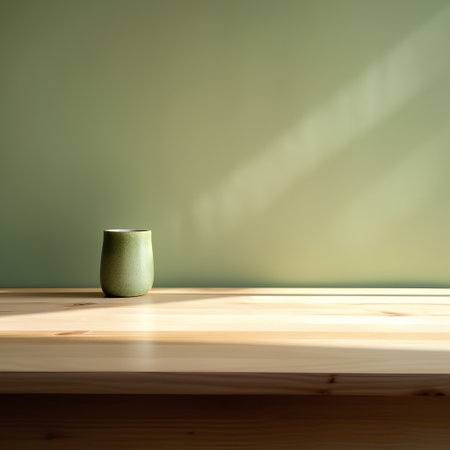 Cup of coffee on wooden table in front of green wall.の素材