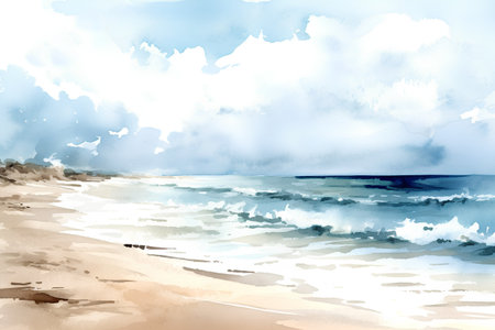 Watercolor seascape. Hand drawn illustration for your design.の素材