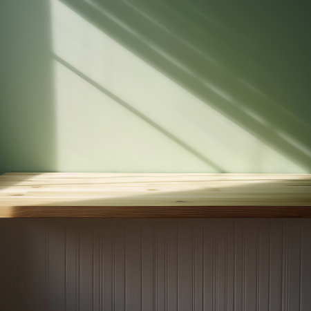 Wooden shelf with shadow on green wall. 3d render.の素材