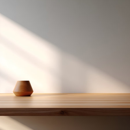 Wooden vase on a shelf in a room with white wallsの素材