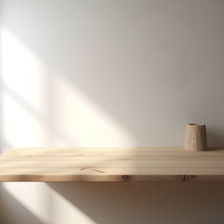 Wooden shelf in the room, 3d render, square imageの素材