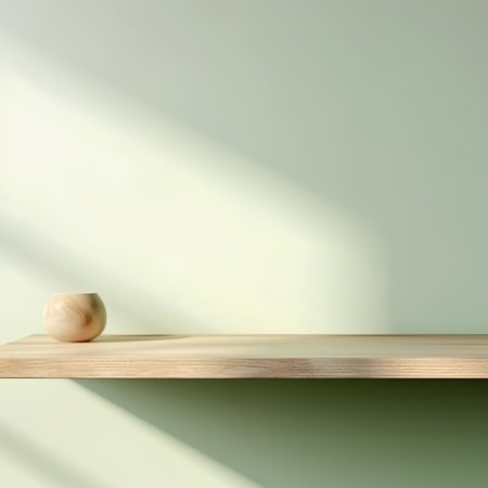 Wooden shelf on green wall background. 3d render illustration.の素材