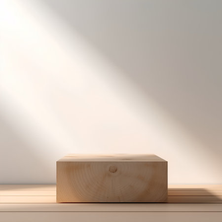 Wooden pedestal for product presentation on the background of white wallの素材