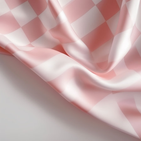 Crumpled red and white checkered satin fabric backgroundの素材