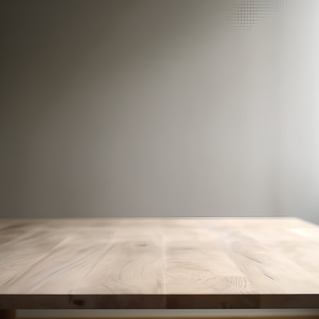 Empty wooden table over blurred background, for product display montage.の素材