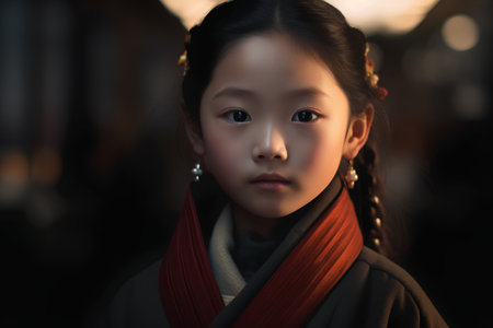 Portrait of asian little girl in the city at night.の素材