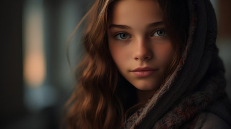 Portrait of a beautiful young woman with long hair wearing scarf.の素材