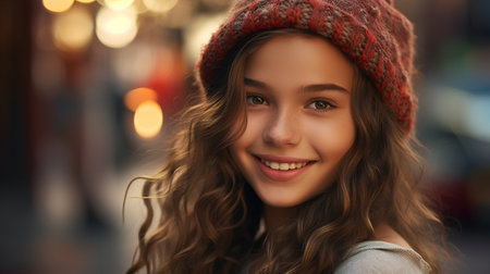 Portrait of a beautiful young girl in a hat and coat.の素材