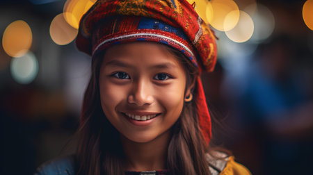 Portrait of a cute little girl in a colorful knitted hat.の素材