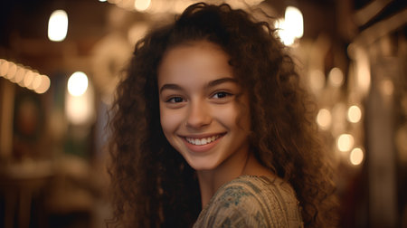 Portrait of a beautiful young woman with curly hair in a restaurantの素材