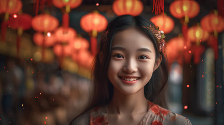 Beautiful asian woman in chinese dress with lanterns at nightの素材