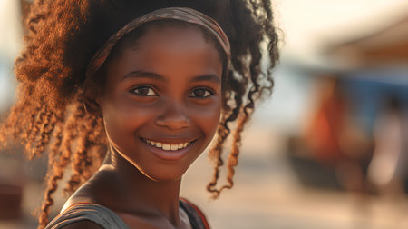 Portrait of a smiling african american girl in the street.の素材