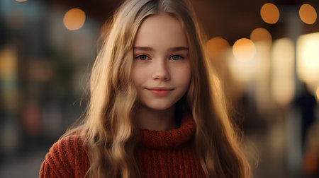 Portrait of a beautiful girl with long blond hair in a red sweater.の素材