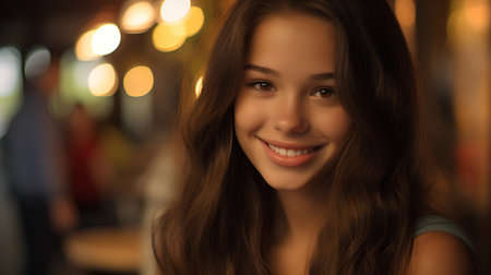 Portrait of a beautiful young woman in a cafe. Girl smiling.の素材