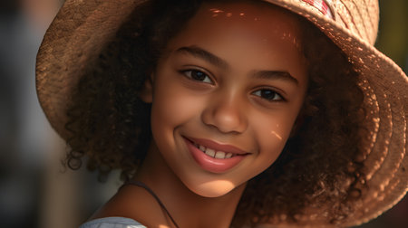 Smiling african american girl in straw hat looking at cameraの素材