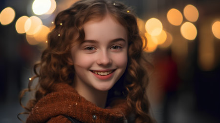 Portrait of a beautiful young woman with curly red hair in a city at nightの素材