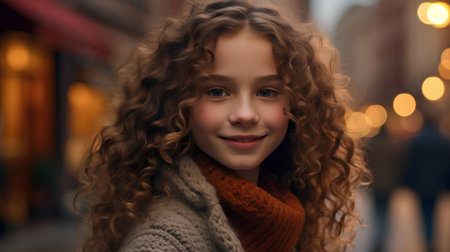 Portrait of a beautiful young girl with curly hair on a city street.の素材