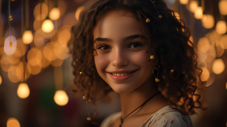 Portrait of a beautiful young woman with curly hair. Beauty, fashion.の素材