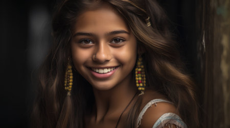 Portrait of a beautiful smiling young woman with long brown hair.の素材