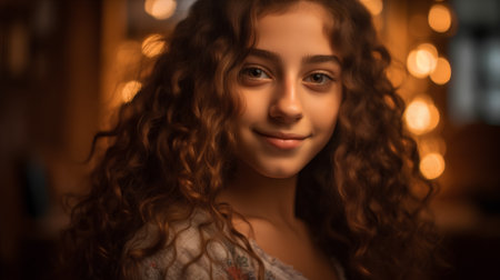 Portrait of a beautiful young woman with curly hair in a cafeの素材