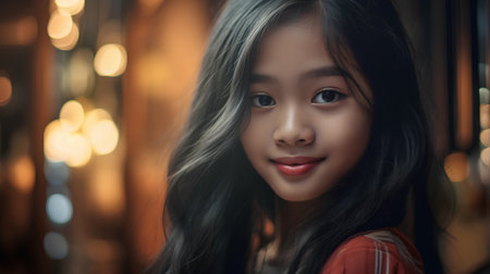 Portrait of beautiful asian girl in red dress in cafe.の素材