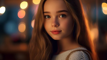 Portrait of a beautiful young girl with long hair in a cafe.の素材