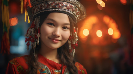 Beautiful asian woman in traditional costume with bokeh backgroundの素材
