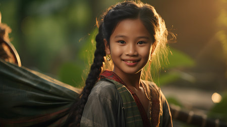 Portrait of a beautiful asian girl with braids in traditional clothes.の素材