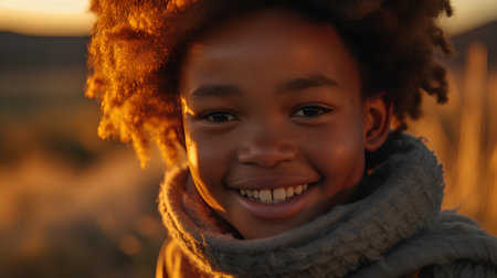 Portrait of a beautiful little african american girl in the field at sunset.の素材