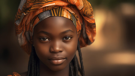 Portrait of a beautiful African woman in a headscarf.の素材