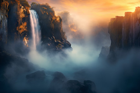 Panoramic view of waterfall at sunset. Beauty in nature.の素材
