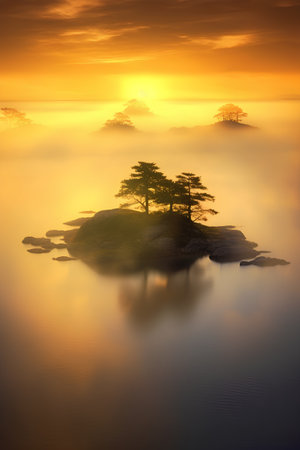 Beautiful seascape with lonely pine tree in the morning mistの素材