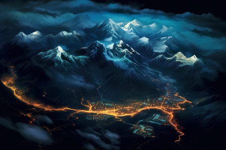 Futuristic background with mountains in the clouds. 3d renderingの素材