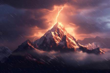 Fiery thunderstorm over a mountain peak. 3D Renderingの素材