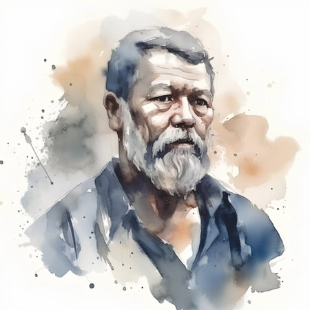 Watercolor portrait of a man with gray beard and mustache. Hand-drawn illustration.の素材