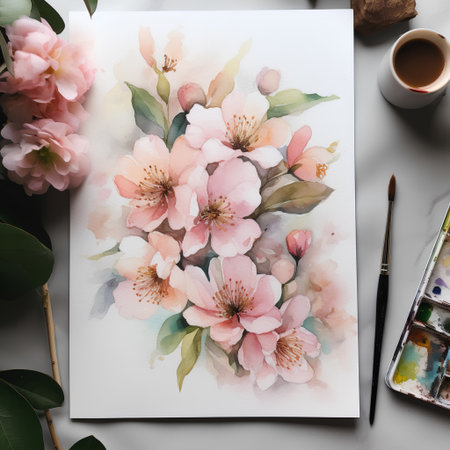 Watercolor painting of sakura flowers on white background. Flat lay, top viewの素材