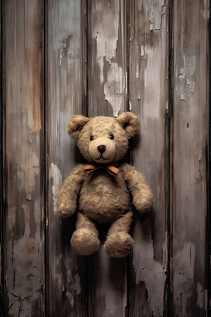 Teddy bear on old wooden door background. Toned image.の素材
